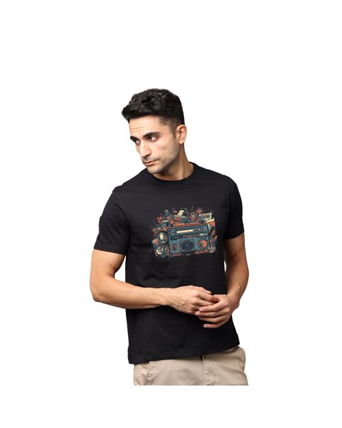 Music Retro Retro Radio Greys and Blues Pima Round Neck T-shirt -  Black